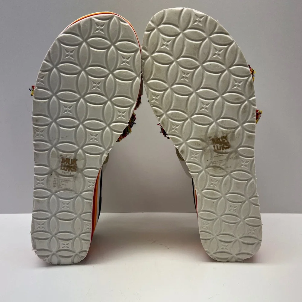 MUK LUKS Womens White Multi Fringe Striped Platform Wedge Slide Sandals Size 8